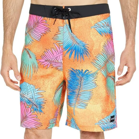 Hurley La Palma 20 in. Boardshorts Light Zitron Men's 29 Orange Blue Leaves NEW - Picture 1 of 11